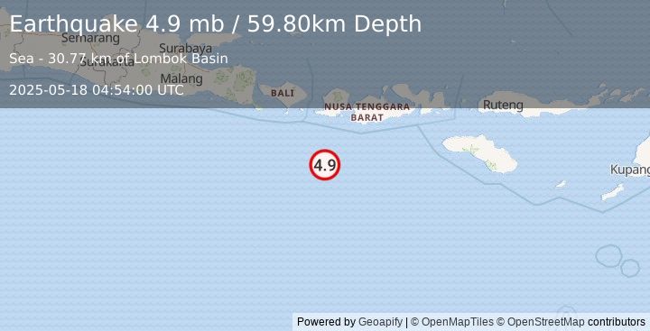 Earthquake SOUTH OF LOMBOK, INDONESIA (4.9 mb) (2025-05-18 04:54:00 UTC)