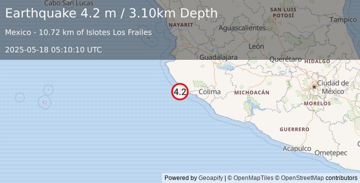 Earthquake OFFSHORE JALISCO, MEXICO (4.2 m) (2025-05-18 05:10:10 UTC)