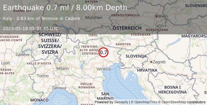 Earthquake NORTHERN ITALY (0.7 ml) (2025-05-18 05:33:45 UTC)