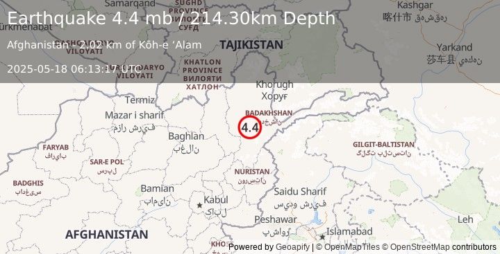 Earthquake HINDU KUSH REGION, AFGHANISTAN (4.4 mb) (2025-05-18 06:13:18 UTC)