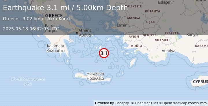 Earthquake DODECANESE ISLANDS, GREECE (3.2 ml) (2025-05-18 06:32:02 UTC)
