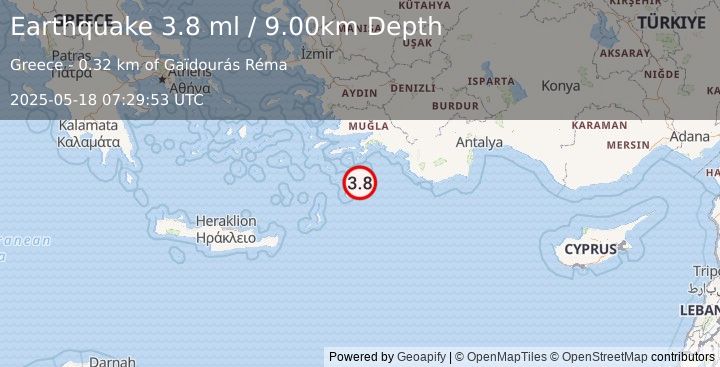 Earthquake DODECANESE IS.-TURKEY BORDER REG (3.8 ml) (2025-05-18 07:29:52 UTC)