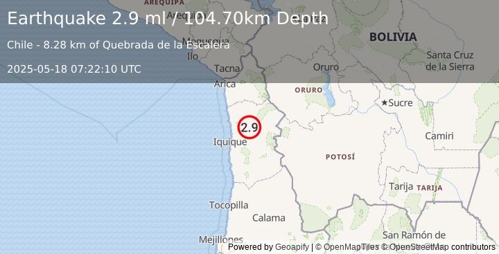 Earthquake TARAPACA, CHILE (2.9 ml) (2025-05-18 07:22:10 UTC)