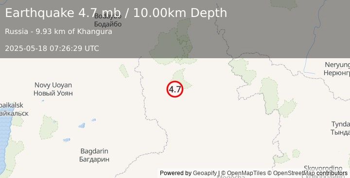 Earthquake CHITINSKAYA OBLAST', RUSSIA (4.7 mb) (2025-05-18 07:26:29 UTC)