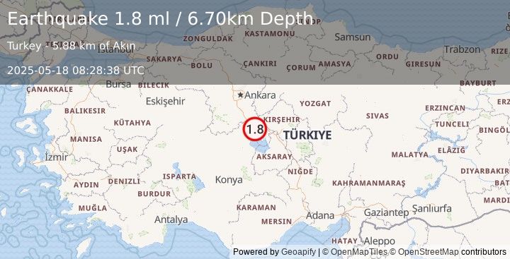 Earthquake CENTRAL TURKEY (1.8 ml) (2025-05-18 08:28:38 UTC)