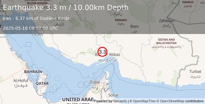 Earthquake SOUTHERN IRAN (3.3 m) (2025-05-18 08:52:07 UTC)