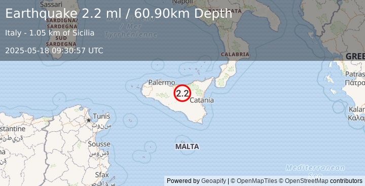 Earthquake SICILY, ITALY (2.2 ml) (2025-05-18 09:30:57 UTC)