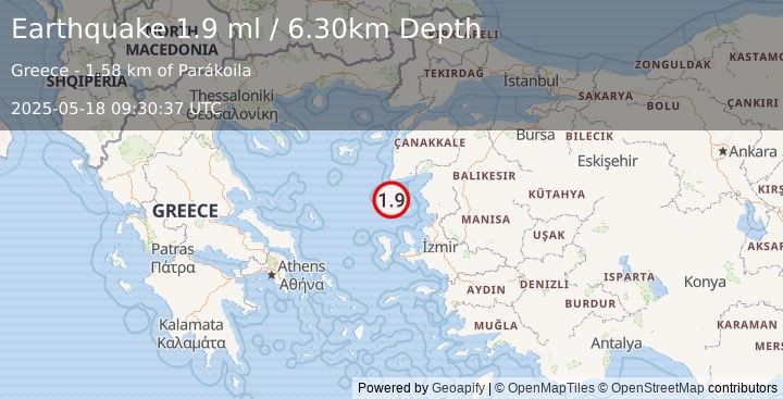 Earthquake NEAR THE COAST OF WESTERN TURKEY (1.9 ml) (2025-05-18 09:30:37 UTC)