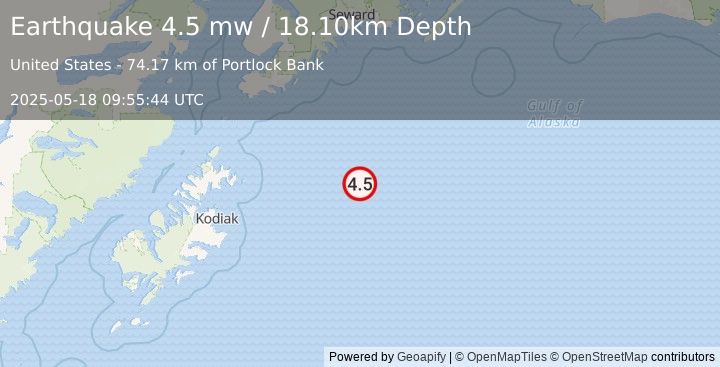 Earthquake GULF OF ALASKA (4.5 mw) (2025-05-18 09:55:44 UTC)