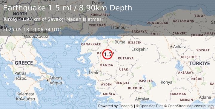 Earthquake WESTERN TURKEY (1.5 ml) (2025-05-18 10:06:34 UTC)