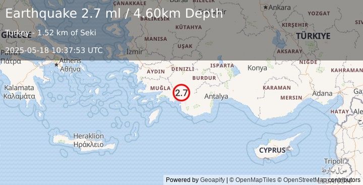 Earthquake WESTERN TURKEY (2.5 ml) (2025-05-18 10:37:54 UTC)