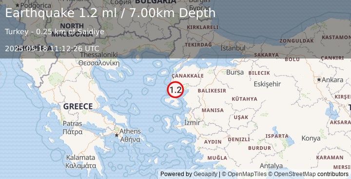 Earthquake NEAR THE COAST OF WESTERN TURKEY (1.2 ml) (2025-05-18 11:12:26 UTC)