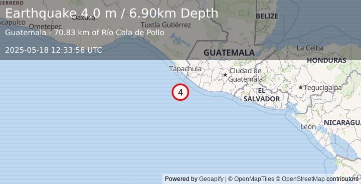 Earthquake OFFSHORE GUATEMALA (4.0 m) (2025-05-18 12:33:56 UTC)