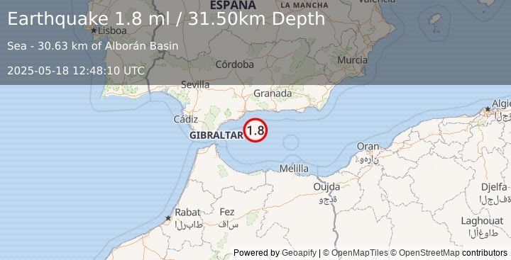 Earthquake STRAIT OF GIBRALTAR (1.8 ml) (2025-05-18 12:48:10 UTC)