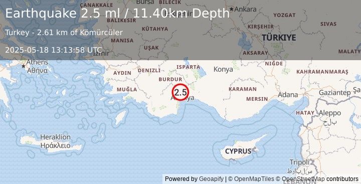 Earthquake WESTERN TURKEY (2.5 ml) (2025-05-18 13:13:58 UTC)