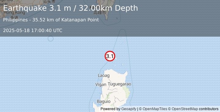 Earthquake BABUYAN ISL REGION, PHILIPPINES (3.1 m) (2025-05-18 17:00:40 UTC)