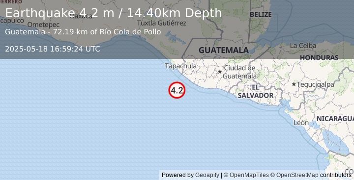 Earthquake OFFSHORE GUATEMALA (4.2 m) (2025-05-18 16:59:24 UTC)