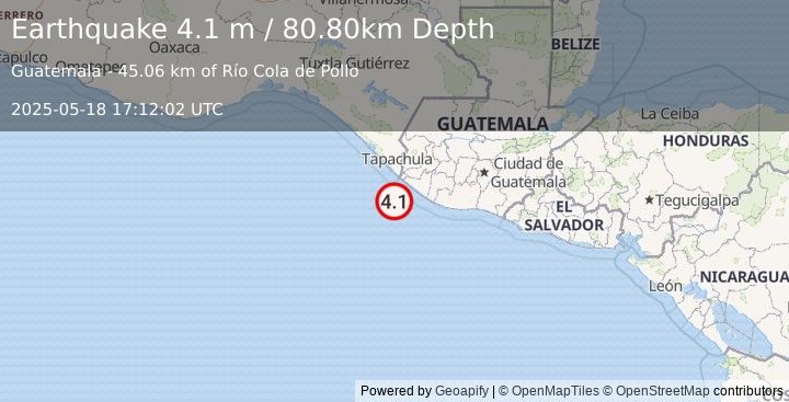 Earthquake OFFSHORE GUATEMALA (4.1 m) (2025-05-18 17:12:02 UTC)