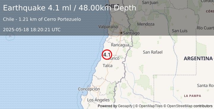 Earthquake LIBERTADOR O'HIGGINS, CHILE (4.1 ml) (2025-05-18 18:20:21 UTC)