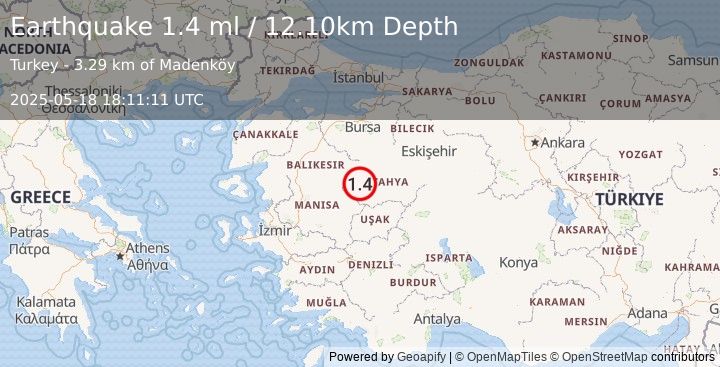 Earthquake WESTERN TURKEY (1.4 ml) (2025-05-18 18:11:11 UTC)