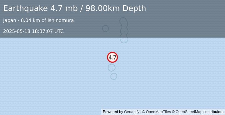 Earthquake VOLCANO ISLANDS, JAPAN REGION (4.7 mb) (2025-05-18 18:37:07 UTC)