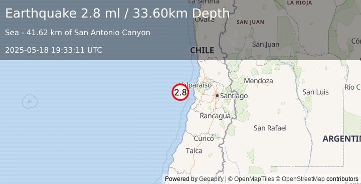 Earthquake OFFSHORE VALPARAISO, CHILE (2.8 ml) (2025-05-18 19:33:11 UTC)