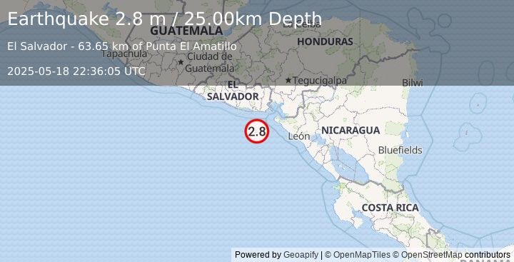 Earthquake OFFSHORE EL SALVADOR (2.8 m) (2025-05-18 22:36:05 UTC)