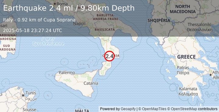Earthquake SOUTHERN ITALY (2.4 ml) (2025-05-18 23:27:24 UTC)