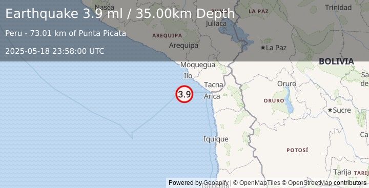 Earthquake OFF COAST OF TARAPACA, CHILE (3.9 ml) (2025-05-18 23:58:00 UTC)