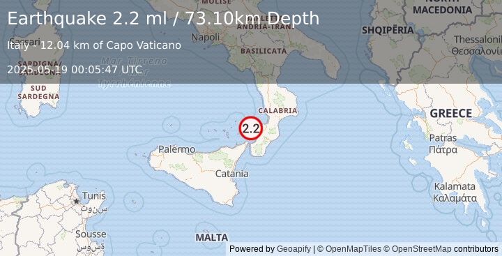 Earthquake SICILY, ITALY (2.2 ml) (2025-05-19 00:05:47 UTC)