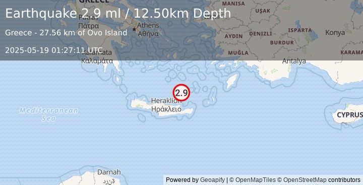 Earthquake CRETE, GREECE (2.9 ml) (2025-05-19 01:27:11 UTC)