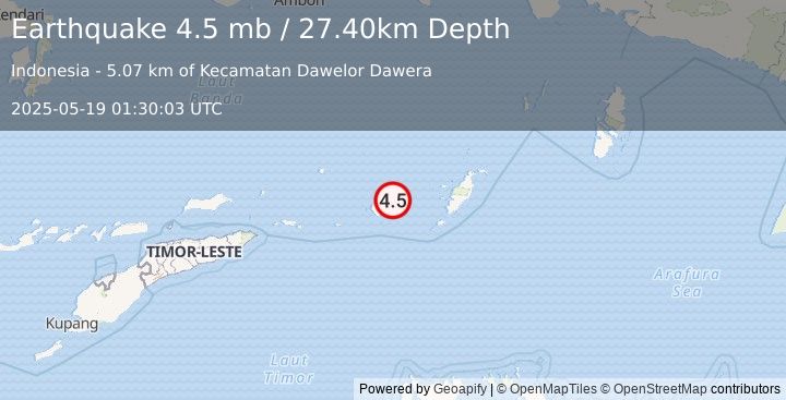 Earthquake KEPULAUAN BABAR, INDONESIA (4.3 m) (2025-05-19 01:30:05 UTC)
