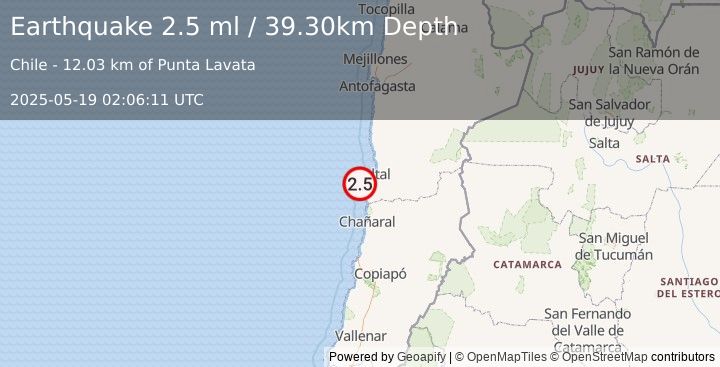 Earthquake OFFSHORE ANTOFAGASTA, CHILE (2.5 ml) (2025-05-19 02:06:11 UTC)