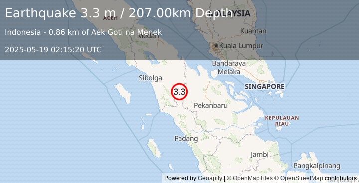 Earthquake NORTHERN SUMATRA, INDONESIA (3.3 m) (2025-05-19 02:15:20 UTC)