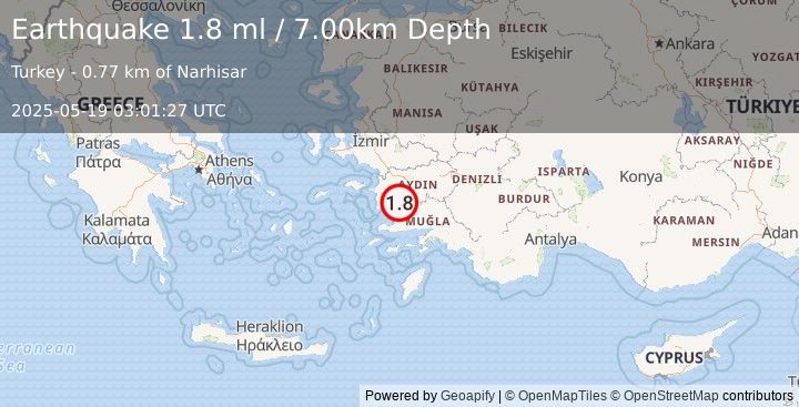 Earthquake WESTERN TURKEY (1.8 ml) (2025-05-19 03:01:27 UTC)