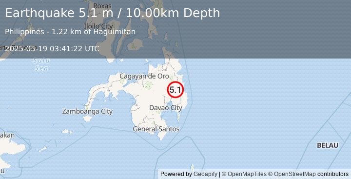 Earthquake MINDANAO, PHILIPPINES (4.9 mb) (2025-05-19 03:41:29 UTC)