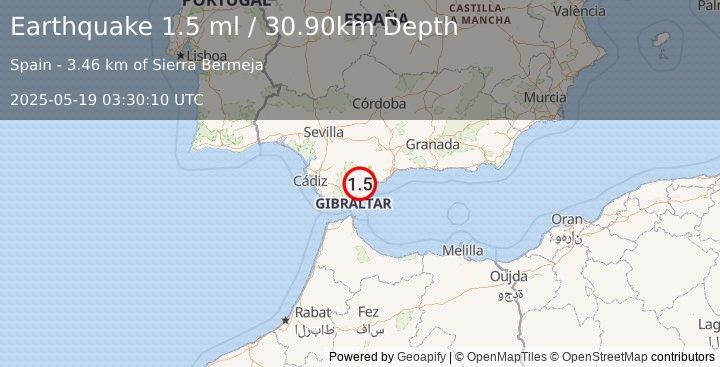 Earthquake STRAIT OF GIBRALTAR (1.5 ml) (2025-05-19 03:30:10 UTC)
