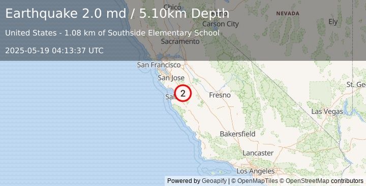 Earthquake CENTRAL CALIFORNIA (2.0 md) (2025-05-19 04:13:37 UTC)