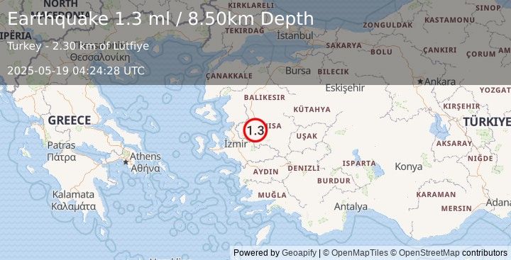 Earthquake WESTERN TURKEY (1.3 ml) (2025-05-19 04:24:28 UTC)