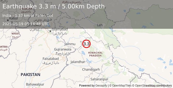 Earthquake HIMACHAL PRADESH, INDIA (3.3 m) (2025-05-19 05:14:48 UTC)