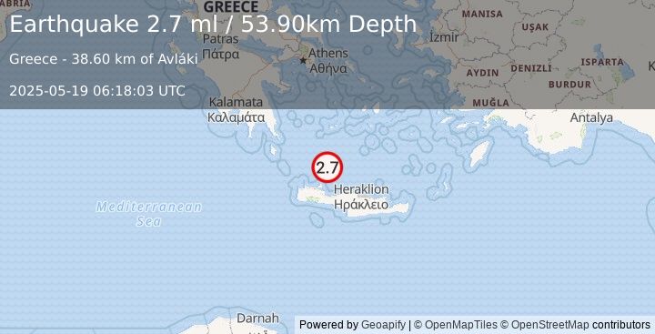 Earthquake CRETE, GREECE (2.7 ml) (2025-05-19 06:18:03 UTC)