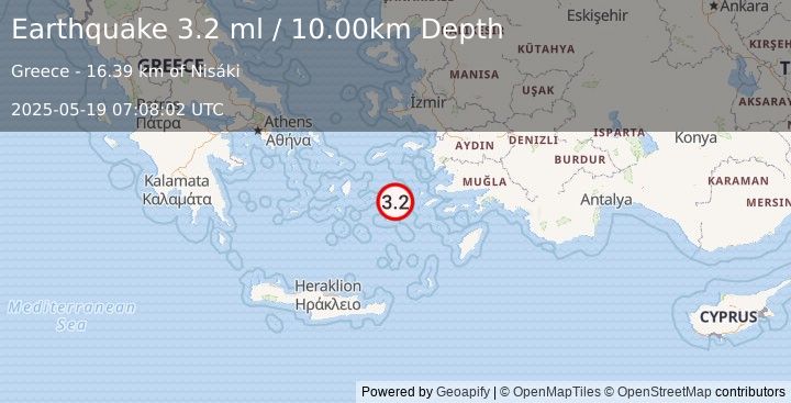 Earthquake DODECANESE ISLANDS, GREECE (3.2 ml) (2025-05-19 07:08:01 UTC)