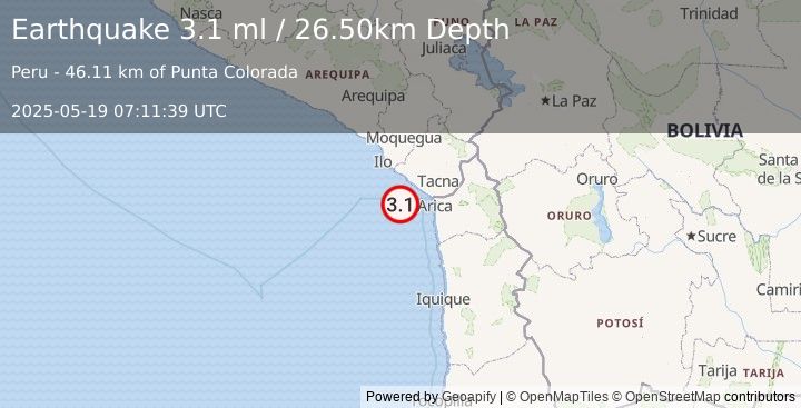 Earthquake OFF COAST OF TARAPACA, CHILE (3.1 ml) (2025-05-19 07:11:39 UTC)