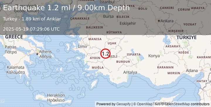 Earthquake WESTERN TURKEY (1.2 ml) (2025-05-19 07:29:06 UTC)
