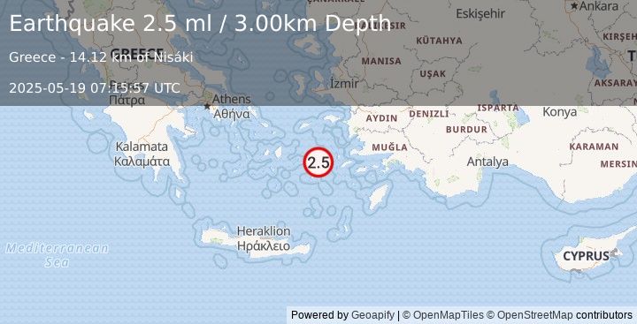 Earthquake DODECANESE ISLANDS, GREECE (2.5 ml) (2025-05-19 07:15:57 UTC)