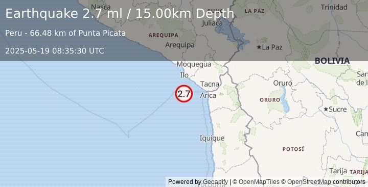 Earthquake OFF COAST OF TARAPACA, CHILE (2.7 ml) (2025-05-19 08:35:30 UTC)