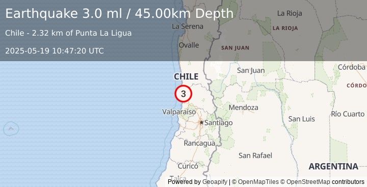 Earthquake OFFSHORE VALPARAISO, CHILE (3.0 ml) (2025-05-19 10:47:20 UTC)