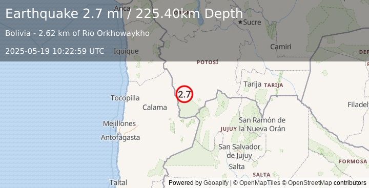 Earthquake POTOSI, BOLIVIA (2.7 ml) (2025-05-19 10:22:59 UTC)