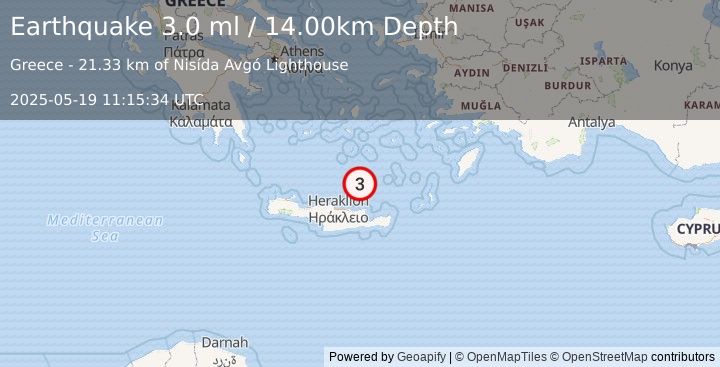 Earthquake CRETE, GREECE (3.0 ml) (2025-05-19 11:15:34 UTC)