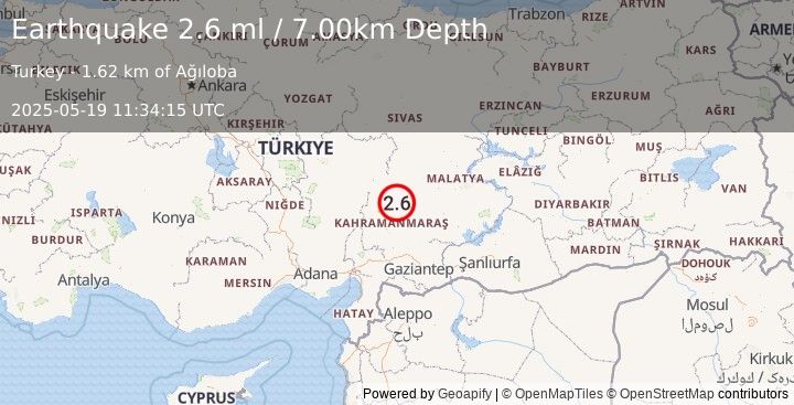 Earthquake CENTRAL TURKEY (2.6 ml) (2025-05-19 11:34:15 UTC)